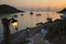 Yachts anchored off the coast of Kythnos island, Kolona beach, Cyclades-Greece in the evening at the beginning of the