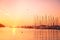 Yachts and boats at Adriatic sea bay at sunset