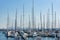 Yachts and boats on berth, anchorage on Brighton beach moorage