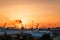 Yachts and ferry boat on sunrise in the port of Heraklion. Panoramic and top view. Island Crete, Greece