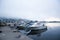 Yachts at harbor on a foggy day