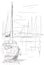 Yachts in marina, graphic black white drawing on a white background, travel sketch