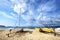 Yachts moored on beach