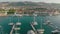 Yachts moored at the pier of the old town of Trogir, Croatia. Aerial shot of magnificent Venetian city on the Adriatic