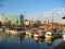 Yachts and Motor Boats docked by Shoreline Village, Rainbow Harbor, Long Beach, California