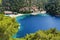 Yachts at the pier and beach on Mediterranean Turkish resort