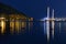 Yachts at the pier and beach in night illumination