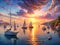 Yachts on the sea at sunset. Colorful summer landscape