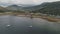 Yachts, ships, boats at Scotland ocean aerial. Seascape of sea bay at Arran Island, United Kingdom