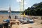 Yachts on the South Sands beach, Salcombe, Devon England