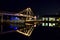 Yachts stay in doc. Night lights on the bridge in Toronto