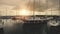 Yachts at sun ocean bay aerial. Nobody nature seascape. Ships, sailboat at pier. Sea water transport