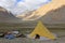 Yak herder tent in Ladakh captured on a high altitude trek. Adventure lifestyle concept image.