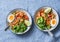 Yaki Udon noodles with stir fry vegetables, boiled egg and spinach. Vegetarian noodles with green beans, sweet peppers, mushrooms,