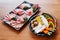 Yakiniku Grilled Meat vegetables set include carrot, sliced bell pepper, sliced onion, sliced pumpkin, eryngii and shitake.