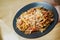 Yakisoba, the Asian - Japan - China and Taiwan Fried Noodle style on the wood table, Serve for Lunch