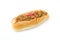 Yakisoba on a Hotdog bun in a white background