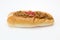 Yakisoba on a Hotdog bun in a white background