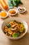 yakisoba noodles stir-fried with vegetable in asian style - vegan and vegetarian food