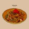 Yakisoba, stir-fried noodle with meat and vegetables. hand draw sketch vector
