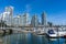 Yaletown dock marina, downtown apartment skyline. Vancouver city, BC, Canada