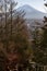 Yamanashi, Japan - 01/05/2019: Looking down the steps that lead up to Chureito Pagoda