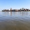 Yamuna River view from the boat in the day at Vrindavan, Krishna temple Kesi Ghat on the banks of the Yamuna River in the town of