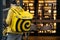 Yandex food delivery guy with yellow branded food box waiting for the order near restaurant take away door