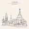 Yangon Rangoon, Myanmar Burma, Southeast Asia. Shwedagon pagoda, venerable ancient Buddhist temple. Hand drawn cityscape