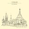 Yangon Rangoon, Myanmar Burma, Southeast Asia. Shwedagon pagoda, venerable ancient Buddhist temple. Hand drawn cityscape