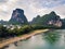 Yangshuo county and Li river in Guilin, aerial view