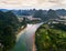 Yangshuo county and Li river in Guilin, aerial view