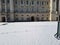 Yard of the buckingham palace facade inside soldiers arms London snow inter day footsteps facade waiting guards kingdom