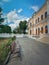 The yard with garden and benches in front of the Manuc Bei mansion. Manuc Bey manor, architectural, culture, historic complex with