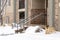 Yard and stone stairs covered with snow at the residential building entrance