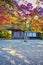 Yard of Tradtional Wooden Shinto Shrine With Seasonal Red Maple Trees At Koyasan Mountain At Fall