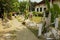 Yard of the Wat Visounnarath temple with small sand pagodas built for Lao New Year celebration in Luang Prabang, Laos.