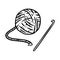 Yarn and crochet hook doodle cute cartoon image. Hand made comic style logo. Media highlights symbol