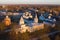 Yaroslav`s Court in Veliky Novgorod. Nikolo-Dvorishchensky Cathedral, an important historical tourist site of Russia, aerial view