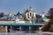 Yaroslavl Kremlin view from across the automobile bridge and the Kotorosl River .