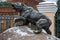 YAROSLAVL, RUSSIA - JANUARU 6 2020: The figure of a large bronze bear on a large granite stone - a symbol of the city of Yaroslavl