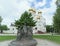 Yaroslavl, Russia. - June 3.2016. Sculptural composition of the Trinity on the background Assumption Cathedral.