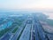 Yas Island, Abu Dhabi. Aerial view of city car circuit at dusk,