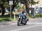 Yaslo, Poland - july 12 2018:The biker rides a stylish chopper on an asphalt road. Cruise on an iron horse. The life style of the