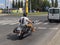 Yaslo, Poland - july 12 2018:The biker rides a stylish chopper on an asphalt road. Cruise on an iron horse. The life style of the