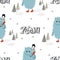 Yeah- Cute seamless pattern with boy and monster and lettering in scandinavian style. Color kids illustration