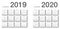 Year 2019 and Year 2020 calendar horizontal vector design template, simple and clean design.