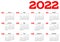 Year 2022 one page month grid calendar, multi colored on white background. Vector template. Annual agenda table. All