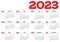 Year 2023 one page month grid calendar, multi colored on white background. Vector template. Annual agenda table. All