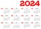 Year 2024 one page month grid calendar, multi colored on white background. Vector template. Annual agenda table. All